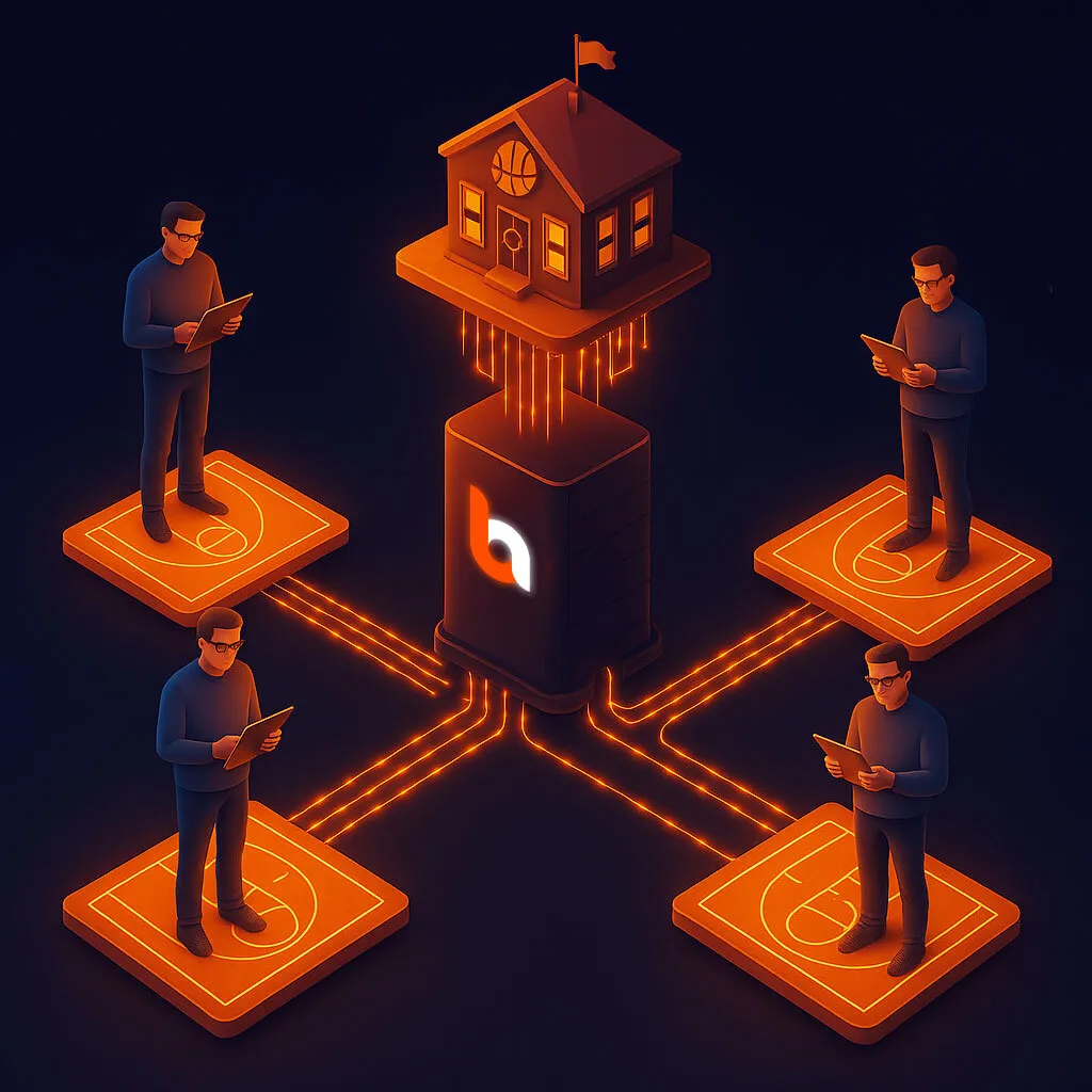 Ilustración de cuatro entrenadores conectados a un servidor central de bcoach en la nube