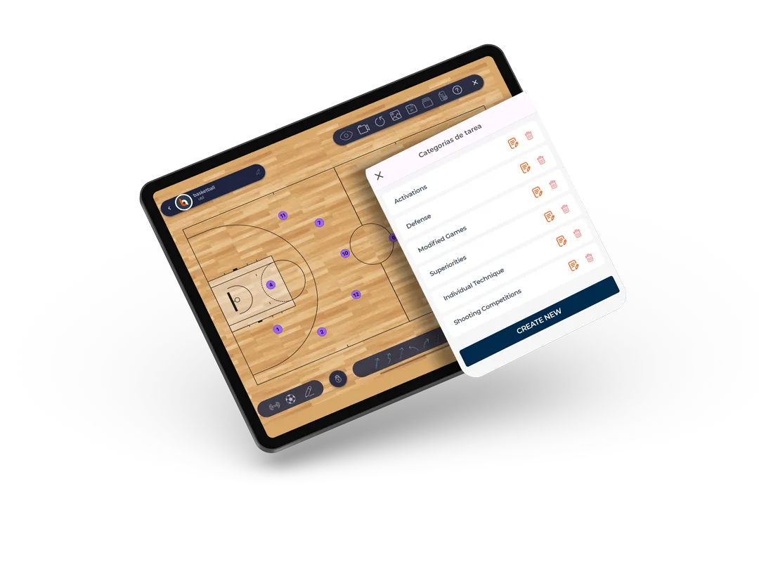 Tablet mostrando el diseñador de tareas de Bcoach con el listado de categorías de ejercicios